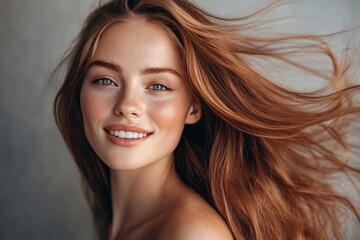 Obraz premium Woman, portrait and hair care in studio with beauty from salon treatment, cosmetics and shampoo shine. Model, person and smile with skincare for wellness, dermatology and glowing , ai