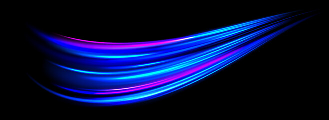 Glowing neon light trail element. Bright blue purple speed line wave. Magic luminous curved path concept. Abstract bent dynamic motion stripes. Shiny streaks for poster, banner, flyer. Vector