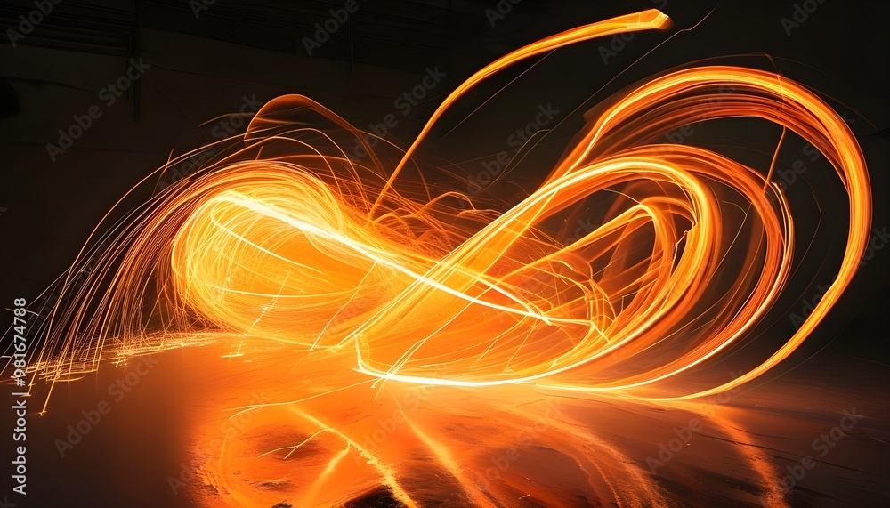 Wall mural dynamic orange light swirls creating an energetic movement through long exposure light painting on a