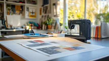 Fashion designer fabric swatches sketches and sewing machine on a drafting table