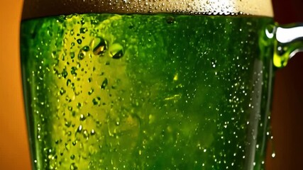 This Frothy green beer bubbles in a glass, illuminated by a warm, golden backdrop.