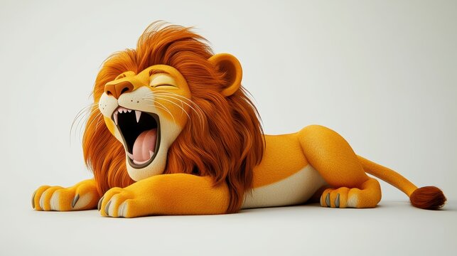 3D sleepy cartoon lion yawning and lounging on a white background