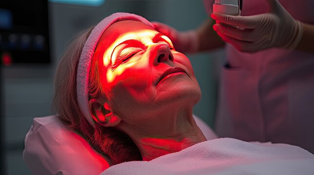A woman receives red light therapy. This image is suitable for articles about beauty, wellness, and skincare.