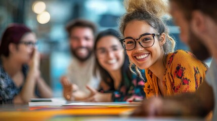 Panoramic image of a group of individuals with intellectual disabilities collaborating on a creative project, their joy and camaraderie palpable