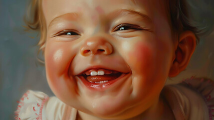 Close-up portrait of a happy baby with two front teeth, painted in a realistic style.