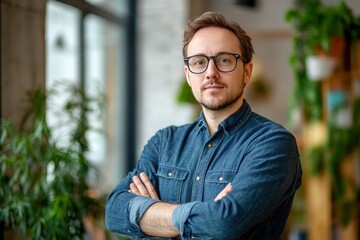 Portrait, glasses and business man with arms crossed in startup office for pride in career or job. Creative, face and confident professional entrepreneur, copywriter and employee coworking , ai
