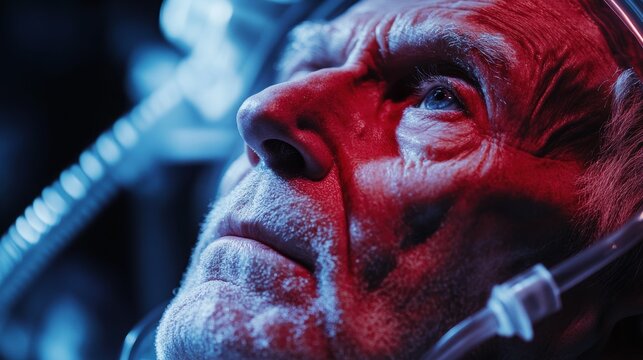 The pained but resilient expression of an individual undergoing a medical treatment or recovery process