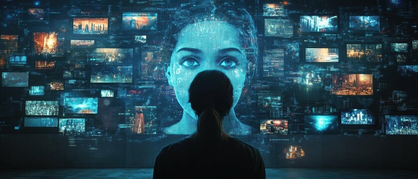 Expansive data visualization highlighting the economic and societal consequences of AI-driven fake news and propaganda