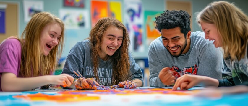 Expansive image of a group of individuals with intellectual disabilities collaborating on a creative project, their joy and camaraderie palpable