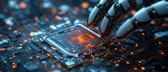 Sleek robot hand holding a pulsing quantum processor chip against a backdrop of swirling data streams