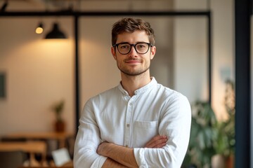Portrait, glasses and business man with arms crossed in startup office for pride in career or job. Creative, face and confident professional entrepreneur, copywriter and employee coworking , ai