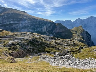 Mountain pass Mangart saddle in the Julian Alps, Strmec na Predelu (Triglav National Park,...