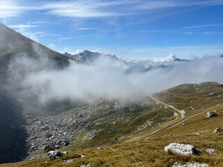 Mountain pass Mangart saddle in the Julian Alps, Strmec na Predelu (Triglav National Park,...