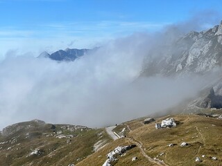 Mountain pass Mangart saddle in the Julian Alps, Strmec na Predelu (Triglav National Park,...