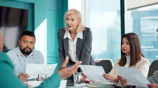 Discussion, group and meeting in boardroom, boss and documents for financial report and brainstorming. Office, ideas and ai for fraud detection of insurance and processing of claims, plan and people