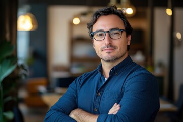 Fototapeta premium Portrait, glasses and business man with arms crossed in startup office for pride in career or job. Creative, face and confident professional entrepreneur, copywriter and employee coworking , ai