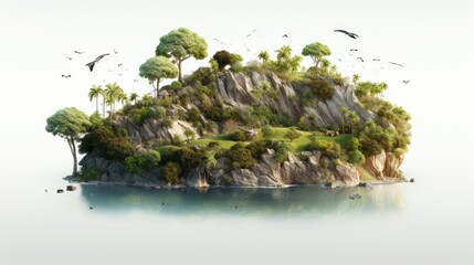 A lush, tropical island rises from the mist, its rocky cliffs and verdant foliage creating a breathtaking scene. - Powered by Adobe