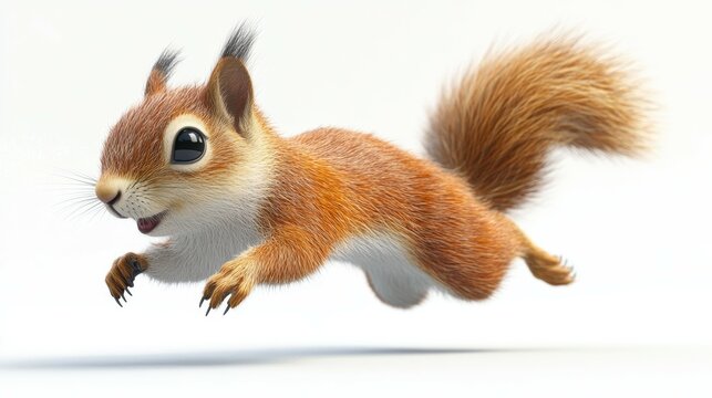 3D energetic cartoon squirrel jumping and scurrying on a white background