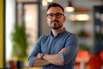 Obraz premium Portrait, glasses and business man with arms crossed in startup office for pride in career or job. Creative, face and confident professional entrepreneur, copywriter and employee coworking , ai