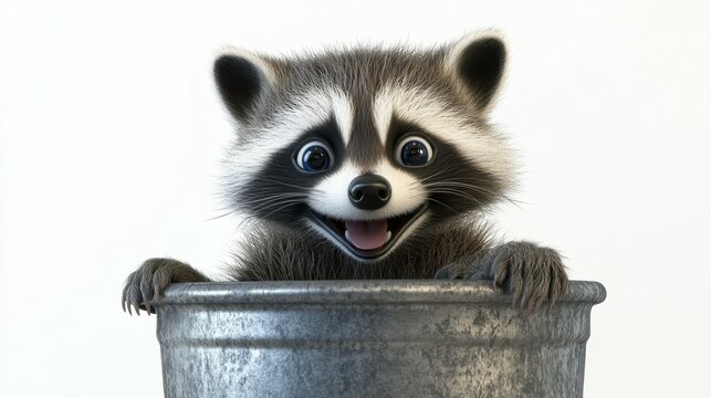 3D mischievous cartoon raccoon rifling through a trash can on a white background