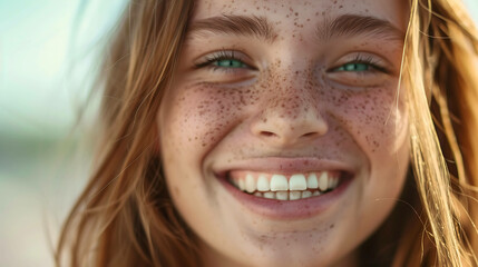 Close-up of a young woman smiling with freckles and green eyes.