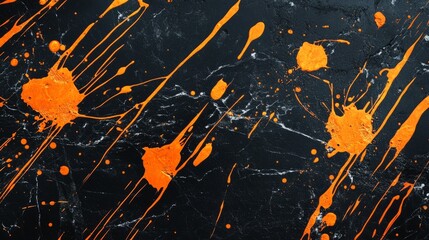 Splattered orange paint on black marble, vibrant abstract background generative ai