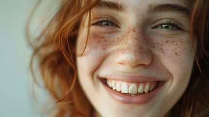 Close up portrait of a young woman with red hair and freckles smiling brightly.