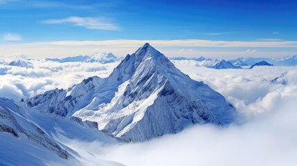 A majestic snow-capped mountain peak rises above a sea of clouds, creating a breathtaking scene of natural beauty.