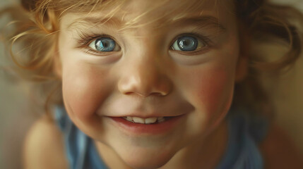 Portrait of a young child with bright blue eyes and a big smile.