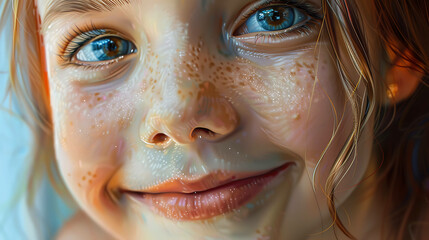 Obraz premium Close-up portrait of a young girl with blue eyes and freckles.