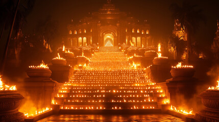Temple and Diyas: A grand temple in the background with hundreds of diyas lighting up the steps, casting a golden glow