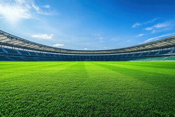 Fototapeta premium Empty nobody soccer stadium field with blue sky, soccer background, ai