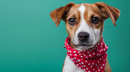 A cute dog with big brown eyes wearing a red polka dot bandana.