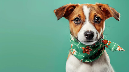 A cute puppy with brown and white fur wearing a green bandana looks directly at the camera.