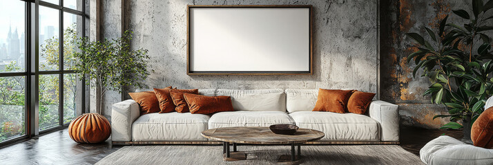 A modern living room with a white sofa, a wooden coffee table, and a large window.