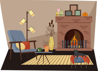 Naklejka premium Interior of a cozy room with a fireplace. Armchair and floor lamp, coffee table with cup and jug. Cat sleeping on pouf. Vector illustration