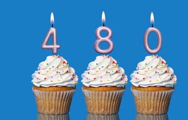 Birthday Cupcakes With Candles Lit Forming The Number 480