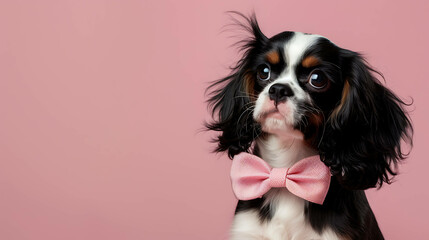 Adorable Cavalier King Charles Spaniel puppy with a pink bow tie against a pink background.