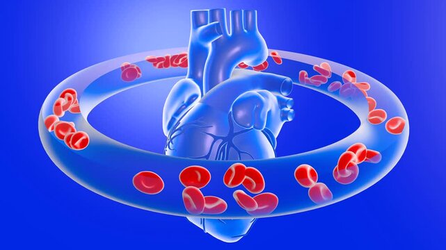 Animaci&oacute;n 3d de un coraz&oacute;n latiendo, mostrando las arterias coronarias. Rode&aacute;ndolo como una &oacute;rbita por la circulaci&oacute;n de los gl&oacute;bulos rojos de la sangre sobre fondo azul degradado.