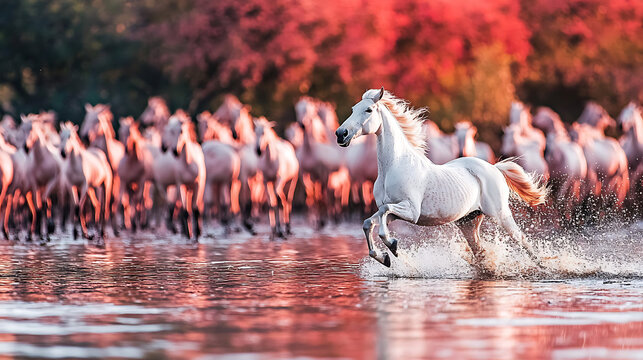 White Horse Galloping Through Water at Sunset: A majestic white horse leads a herd of white horses through a shallow body of water at sunset, capturing a breathtaking moment of grace and freedom in na