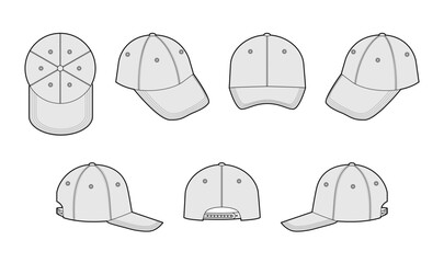 Set of Baseball Fitted Field Cap Hat. Summer Head Fashion accessory clothing technical illustration. Vector headgear for Men, women, unisex style, flat template CAD mockup sketch outline isolated