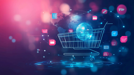 A digital shopping cart with a glowing globe inside, surrounded by shopping cart icons.