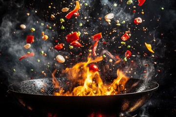 Freeze Motion of Wok Pan with Flying Ingredients in the Air and Fire Flames , ai