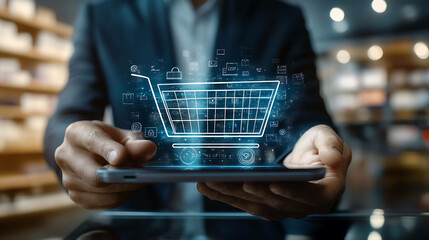 A businessman holds a tablet with a glowing shopping cart icon and other digital icons above it.