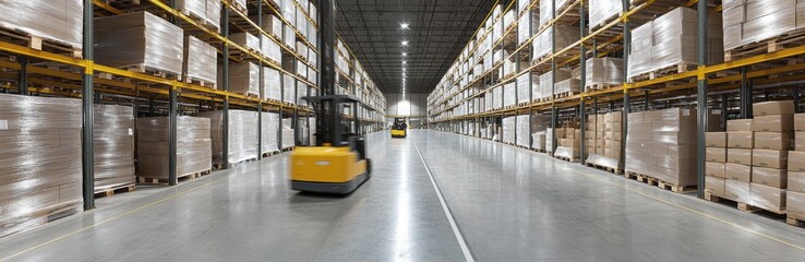 Panoramic view of an empty warehouse featuring high shelves filled with boxes and pallets, with forklifts moving goods in a concrete gray setting highlighted by soft overhead lighting and a splash of 
