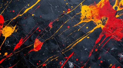 Splattered red and yellow paint on black marble, fiery abstract background generative ai