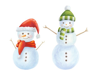 Set of cheerful snowman in red and green hat and scarf on isolated background. Cute winter, Christmas character. Hand drawn watercolor illustration. Clipart for design, cards, invitations, packaging