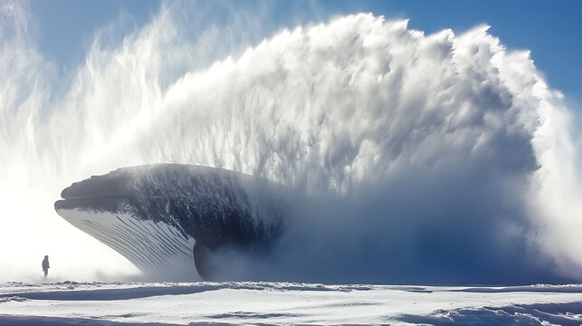 Whale of a Blowhole: A humpback whale breaches the icy surface, its massive form dwarfed by a colossal plume of water against a bright blue sky. 