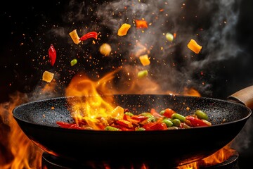Freeze Motion of Wok Pan with Flying Ingredients in the Air and Fire Flames, ai