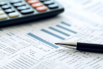 Close-up of financial documents with a calculator and pen, highlighting overhead costs with a blurred background for emphasis.